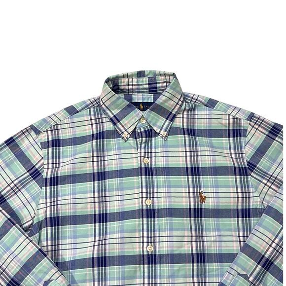 Ralph Lauren Shirt Mens Small Blue Twill Plaid Button Up Long Sleeve Flesh Pony - Picture 3 of 9